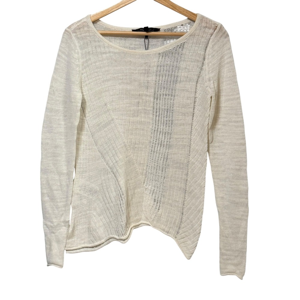 BCBGMAXAZRIA Cream Linen Cotton Asymmetrical Open Knit Sweater XXS Long Sleeve